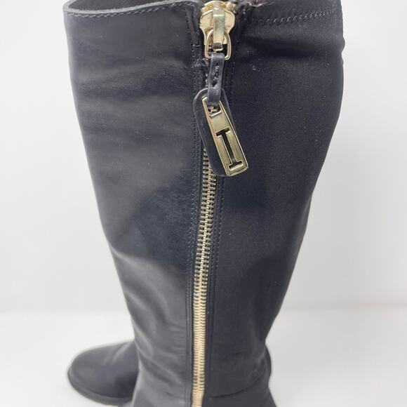 Issac Mizrahi Womens 6 Black Arno Leather Tall Boots Gold Exposed Zipper Flat - Picture 9 of 13